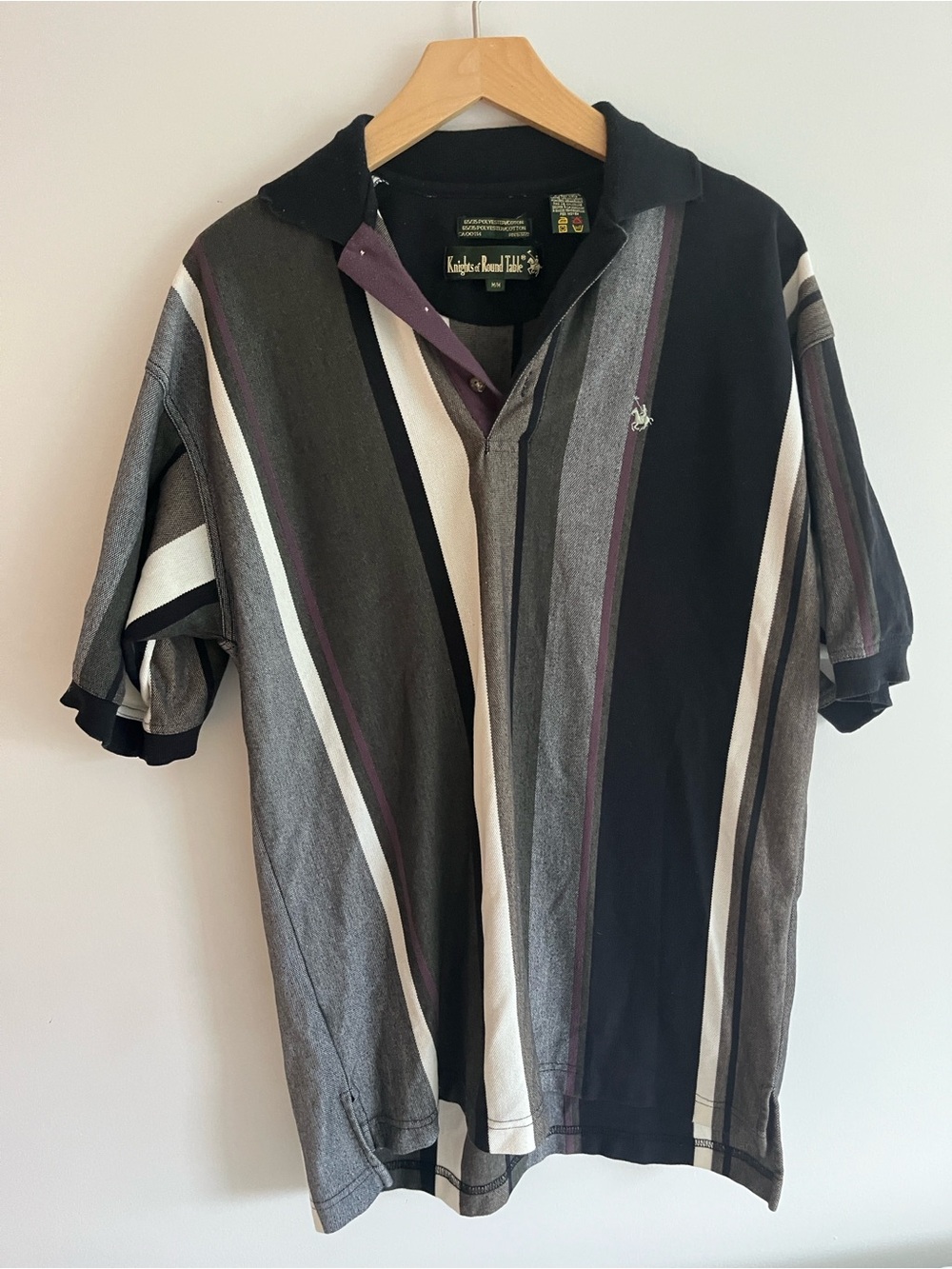 Knights Of The Round Table Striped Polo in Black, Gray, Purple, & White